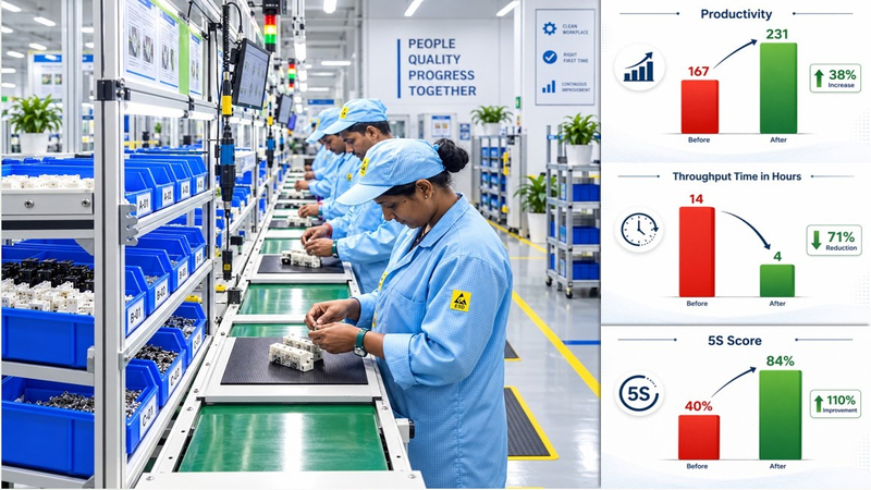 Operational Excellence Case Study- Shop Floor Productivity Improvement, Throughput Time Reduction, and 5S Score Improvement.